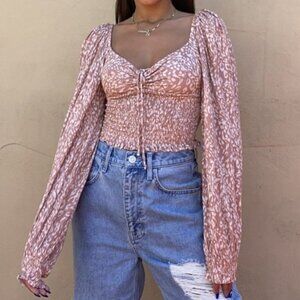 URBAN OUTFITTERS UO Old Soul Smocked Top Mauve Pink ish Leopard Cheetah Crop Top